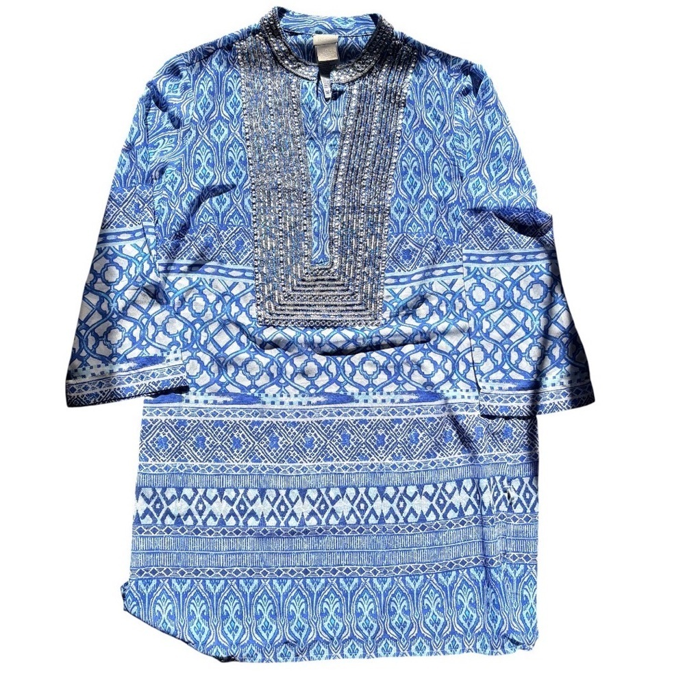 Women’s Blue Embellished Tunic Top Sleeve Boho Resort Wear Chicos Size 0 Size S